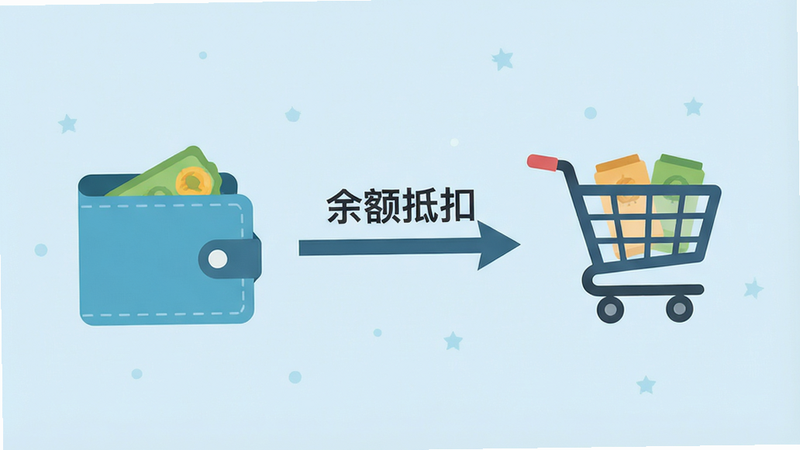 一个简洁的信息图,左侧是一个钱包图标,右侧是一个购物车图标,中间用箭头连接,箭头上方写着“余额抵扣”,背景为浅蓝色,风格扁平化,色彩清新,细节简洁,无多余文字,高清