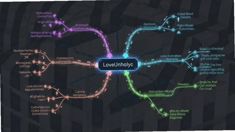 主体为 LoveUnholyc 的剧情分支树状图可视化,布局为放射状结构,中心为核心事件节点,向外延伸出多个不同颜色的分支路径,每个节点旁标注简短的剧情提示文字,风格为科技感线条图,细节处有发光效果,画质清晰,无杂乱背景