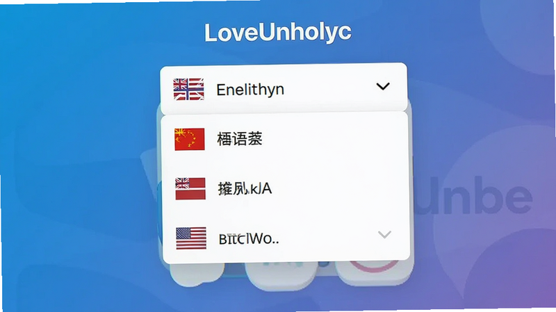 主体为 LoveUnholyc 应用的多语言切换界面展示,布局为下拉菜单结构,显示英文、中文等选项,背景为应用主色调,细节处有国旗图标标识,风格简洁明了,画质高清,无多余装饰