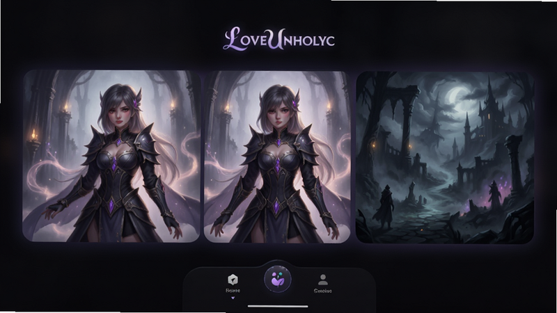 主体为 LoveUnholyc 应用的界面全景展示,布局采用居中对称结构,顶部显示应用名称 Logo,中部为精美的角色立绘与背景氛围图,底部为简洁的功能导航栏,整体风格为现代简约与暗黑奇幻结合,细节处有柔和的光效点缀,画质高清,干净无多余元素