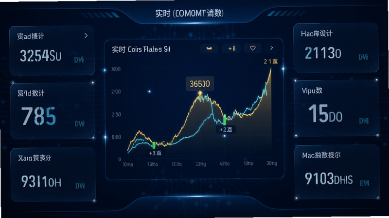 主体为游戏内的经济数据面板,布局为仪表盘样式,中央显示实时金币流量曲线,四周分布关键指标,排版科技感强,风格为深蓝色调,细节展示数据跳动的微光效果,画质精致,干净,无多余元素