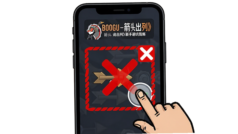 Boogu-Image 生成《箭头请出列》新手避坑指南的示意图。主体是手机屏幕,显示一个错误的点击示例,箭头周围有红色警示框和“X”标志。背景为简洁的白色,突出警示信息。风格警示性插画,色彩对比强烈,细节清晰,展示错误操作后果,高清画质,无多余元素。
