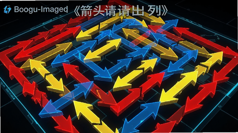 Boogu-Image 生成《箭头请出列》的高难度关卡示意图。屏幕上充满了红、黄、蓝三色的箭头,彼此交错重叠,形成复杂的迷宫状结构。视角略微俯视,强调空间的层次感。风格为科技感与几何美学结合,线条锐利,色彩饱和度高,展示逻辑复杂性,高清细节,干净背景。