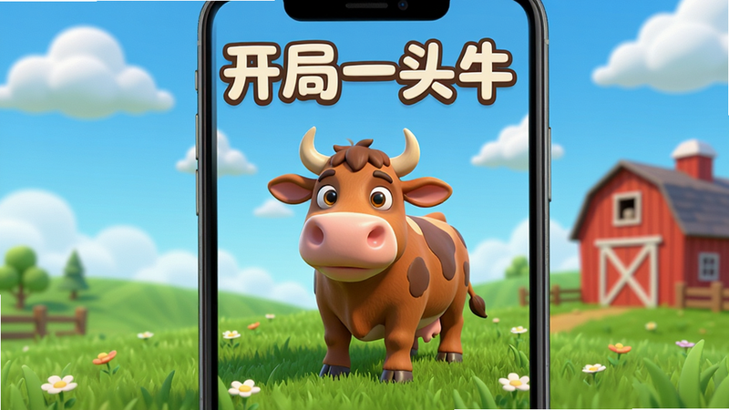 主体为“开局一头牛”手机应用界面,布局采用居中构图,展示一只卡通风格的棕色奶牛站在绿色草地上,背景是蓝天白云和远处的红色谷仓,排版简洁,风格为3D卡通渲染,细节丰富,画质高清,干净,无多余元素,文字“开局一头牛”置于顶部中央,字体圆润可爱