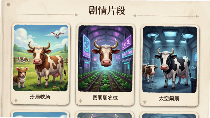 主体为“开局一头牛”剧情解锁界面,布局为卡片式排列,展示三个不同的结局封面:现代牧场、赛博朋克农场、太空牛舍,排版整齐,风格为故事书插画风,细节丰富,光影效果柔和,画质精致,干净,无多余元素,文字“剧情片段”位于顶部