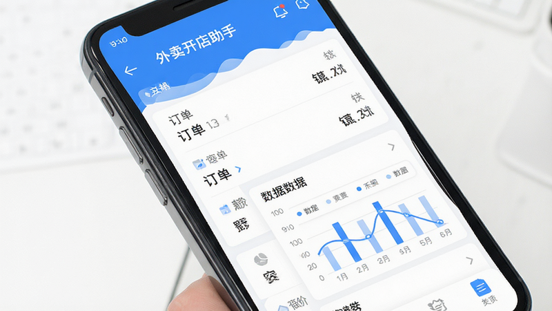 主体为智能手机屏幕显示“外卖开店助手”APP界面,布局清晰包含订单列表与数据图表,排版简洁现代,风格为扁平化UI设计,细节展现蓝色主色调与白色背景,画质高清,干净,无多余元素