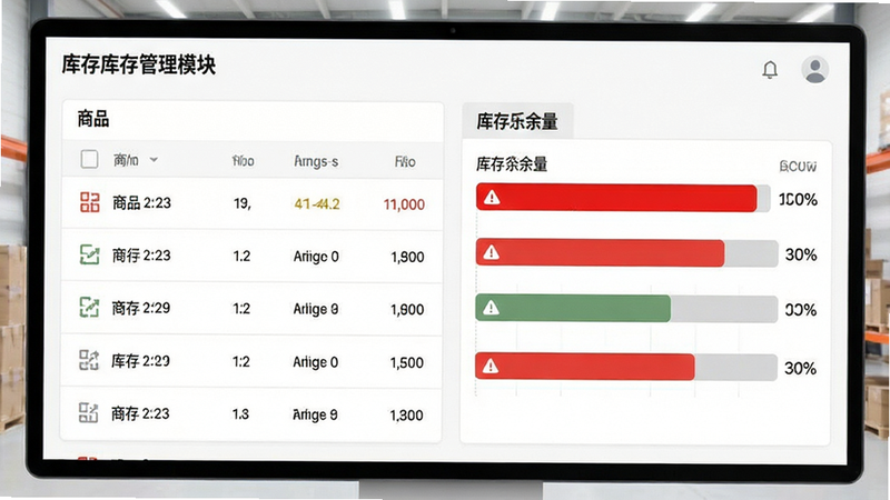 主体为库存管理模块,布局包含商品列表与库存余量条,排版直观易懂,风格简洁明了,细节显示红色预警标识,画质锐利,干净,无多余元素