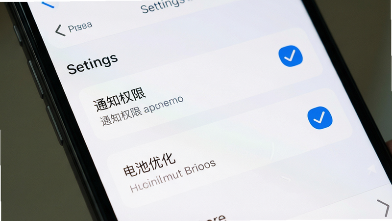 主体为手机设置界面,布局突出“通知权限”与“电池优化”选项,排版清晰,风格系统原生UI,细节显示勾选状态,画质清晰,干净,无多余元素