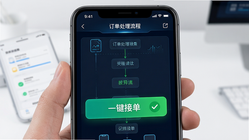 主体为手机界面展示订单处理流程,布局突出“一键接单”按钮,排版紧凑有序,风格科技感强,细节显示绿色确认标识,画质清晰,干净,无多余元素