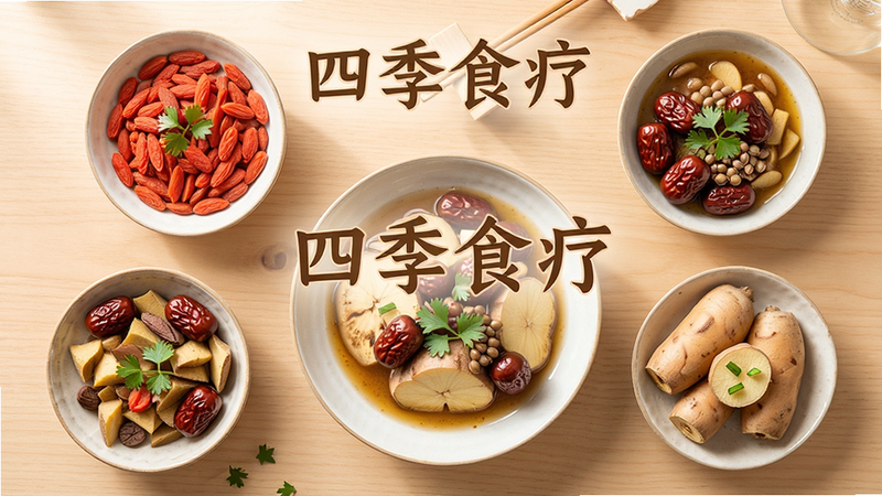 主体为一桌精致的中医养生膳食,布局采用俯拍视角,排版平衡对称,风格为温暖柔和的美食摄影,细节展示枸杞、红枣、山药等食材的特写,光线自然明亮,画质高清,干净木质桌面背景,文字显示“四季食疗”