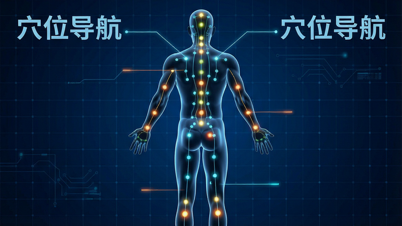 主体为3D人体经络模型,布局聚焦于背部与腿部穴位高亮显示,排版采用科技感线条连接穴位,风格为现代医疗可视化,细节展示发光点代表穴位,背景为深蓝色科技网格,画质超清,干净无杂乱元素,文字显示“穴位导航”