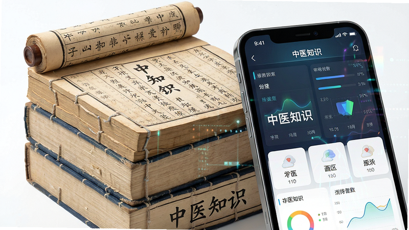 主体为中医书籍堆叠与手机屏幕特写,布局呈现书卷与科技结合的视觉效果,排版紧凑有序,风格为写实摄影与数字艺术结合,细节展示书页上的古文与现代界面数据的对比,画质细腻,干净背景,文字显示“中医知识”