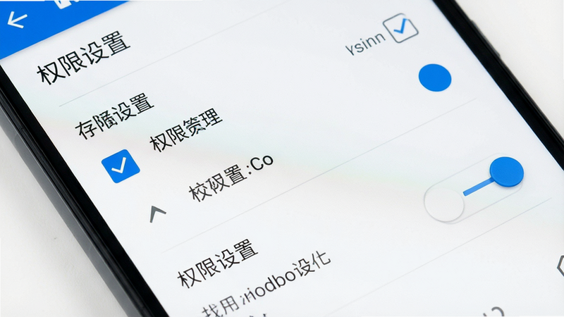 主体为手机设置界面截图,布局突出存储管理与权限设置选项,排版简洁明了,风格为现代Android系统UI,细节展示勾选框与滑块控件,画质清晰,干净白色背景,文字显示“权限设置”
