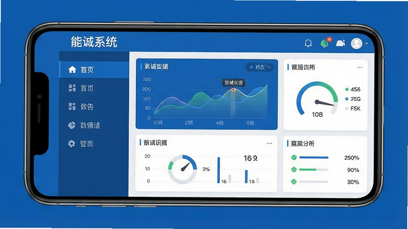 一张展示能诚系统移动端界面的概念图,主体为智能手机屏幕,显示着清晰的仪表盘数据,布局为左侧导航栏右侧主内容区,排版整洁有序,风格为扁平化商务蓝,细节包含图表线条与状态图标,画质高清8k,干净无多余元素,文字引用