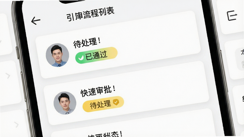 能诚系统审批流程示意图,主体为手机界面中的审批列表,布局为卡片式排列,每张卡片包含申请人头像与状态标签,排版清晰,风格为简洁白底黑字,细节为绿色的已通过图标与黄色的待处理图标,画质高保真,干净,文字引用