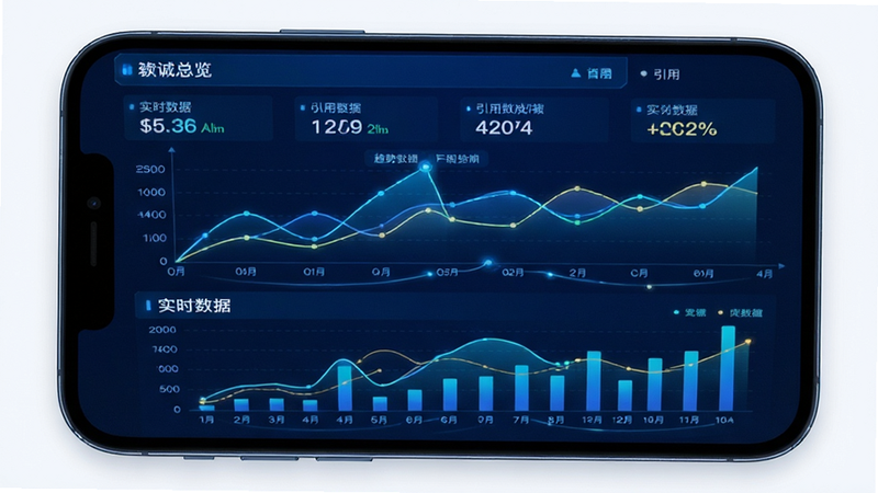 能诚系统数据看板界面,主体为手机屏幕上的折线图与柱状图,布局为上下分栏,上方为总览数字下方为趋势图,排版紧凑,风格为科技感深蓝,细节为发光的数据线条,画质清晰,干净背景,文字引用