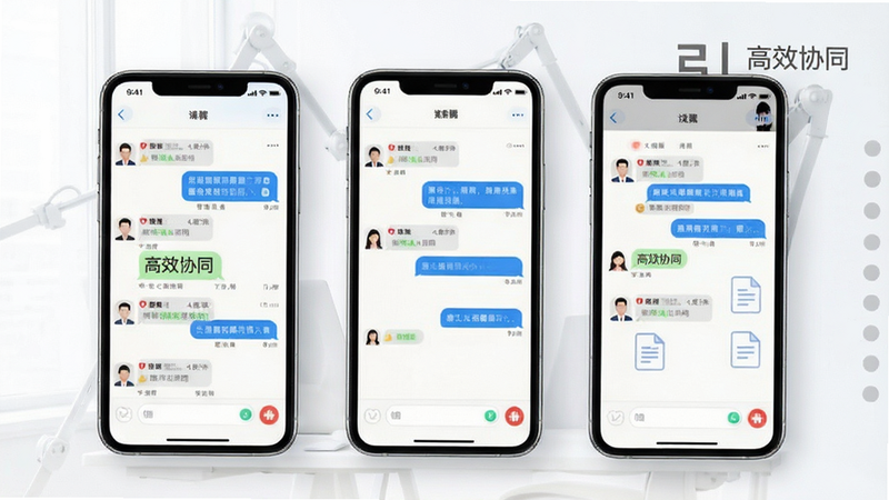 能诚系统团队协作场景,主体为三个手机屏幕并列展示不同角色的视图,布局为三角构图,排版平衡,风格为现代办公风,细节为消息气泡与文档图标,画质细腻,干净背景,文字引用