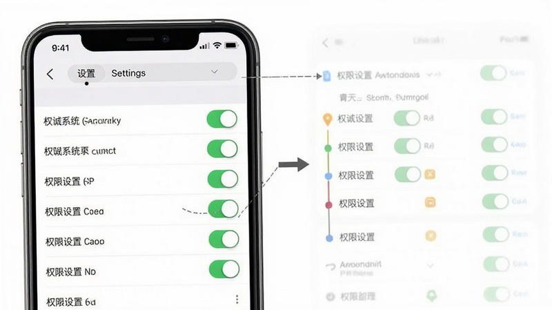 能诚系统设置界面与权限管理示意图,主体为手机设置页面,布局为列表式,排版清晰,风格为系统原生UI,细节为开关按钮与权限图标,画质清晰,干净,文字引用