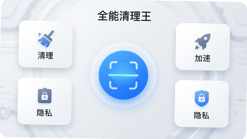 主体为一款名为“全能清理王”的手机应用界面预览图,布局采用卡片式设计,背景为浅灰色科技风,中心显示一个蓝色的圆形扫描图标,周围环绕着“清理”、“加速”、“隐私”三个功能入口,排版整齐对称,风格简约现代,细节处包含细微的光影效果,画质高清,干净,无多余元素