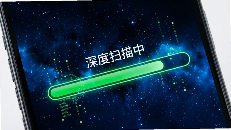 主体为手机屏幕特写,显示“深度扫描中”的进度条,背景为深蓝色星空纹理,进度条呈亮绿色,周围有细微的数据流粒子特效,布局中心突出扫描状态,排版清晰,风格科技感强,细节丰富,画质清晰,干净,无多余元素