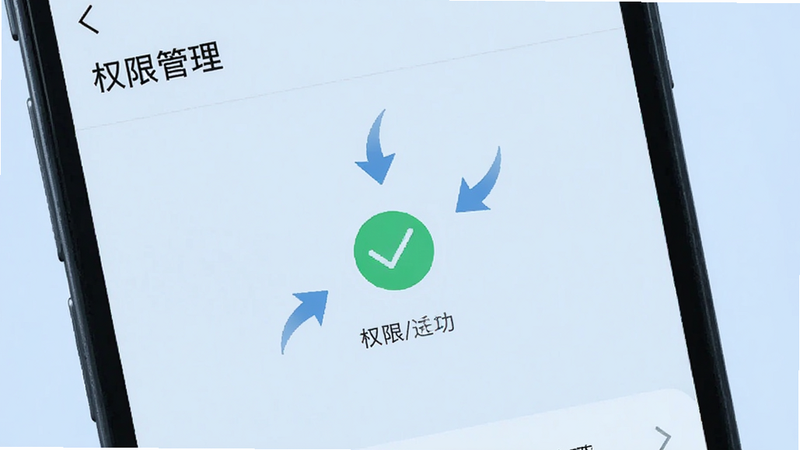 主体为手机设置界面,显示“权限管理”选项,背景为浅蓝色,中心有一个勾选的权限图标,周围有箭头指示操作方向,布局清晰,排版规整,风格极简主义,细节处有微小的文字标签,画质清晰,干净,无多余元素