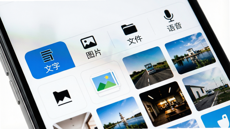手机屏幕特写,显示文件分类列表,包括“文字”、“图片”、“文件”、“语音”四个标签页,当前选中“图片”,下方展示多张缩略图,界面清晰,图标简洁,背景纯白,突出数据分类功能,高清晰度,无水印