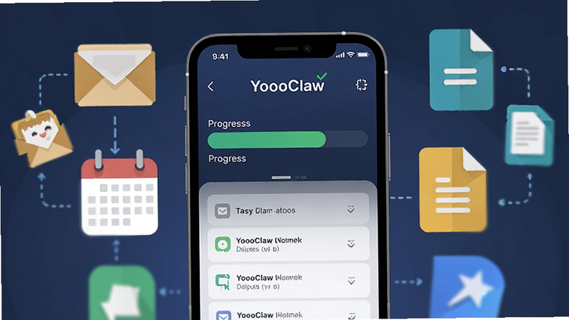 展示YoooClaw后台运行状态的概念图,手机屏幕显示进度条和任务列表,周围环绕着邮件、日历、文档等图标,象征任务自动化,风格扁平化,色彩和谐,细节丰富,高清