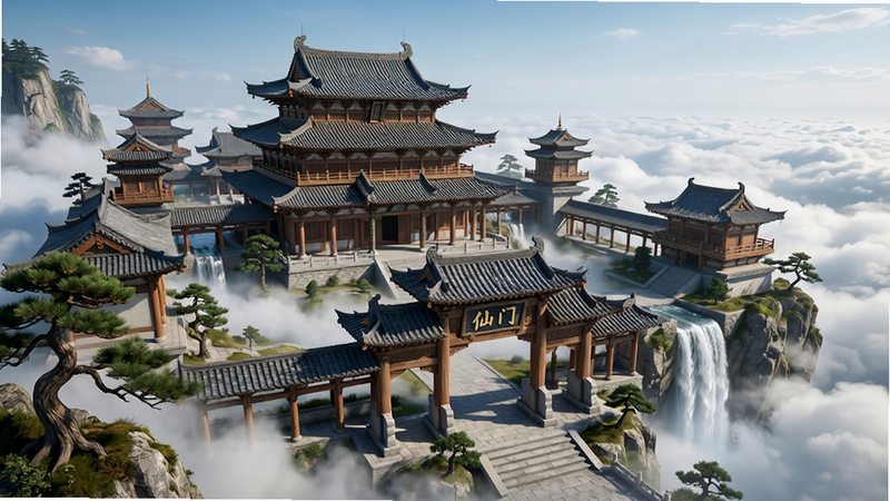 主体为游戏内的宗门全景,宏伟的木质建筑坐落在云海之上,周围有瀑布飞流直下,布局采用广角镜头,排版宏大,风格为写实国风,细节包括屋顶的瓦片纹理和周围的松树,画质超清,干净,无多余元素,文字“仙门”刻在牌坊上