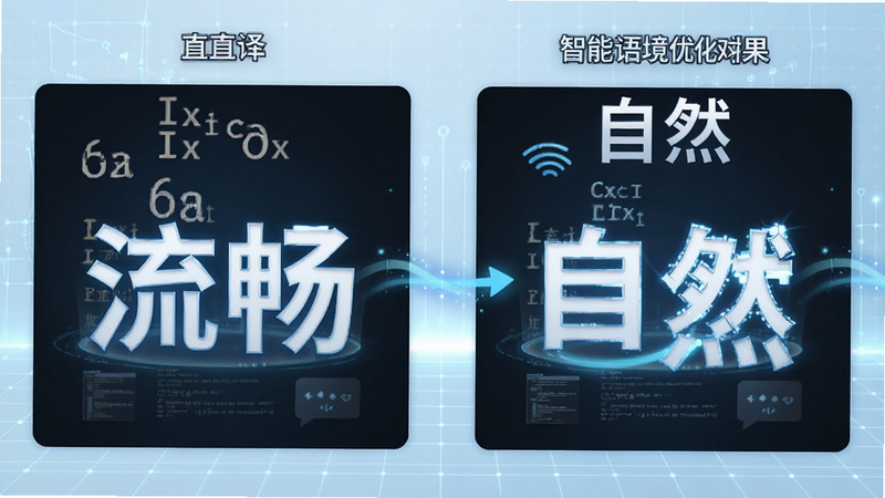 言翻译精灵翻译对比示意图,左侧为直译效果,右侧为智能语境优化效果,背景为淡蓝色科技网格,突出“流畅”与“自然”字样,高清细节,干净布局