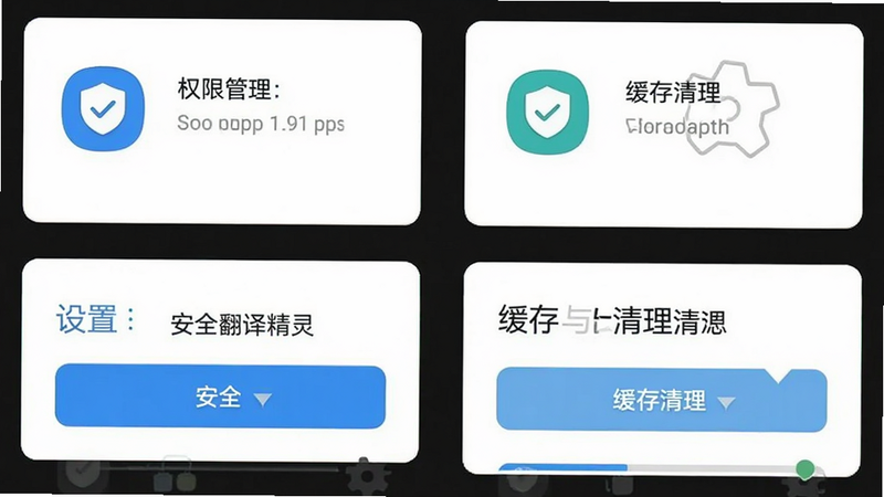 言翻译精灵安卓版设置界面,显示权限管理与缓存清理选项,背景为简洁的白色卡片式布局,图标清晰,体现“安全”与“设置”主题,高清UI设计,无多余装饰