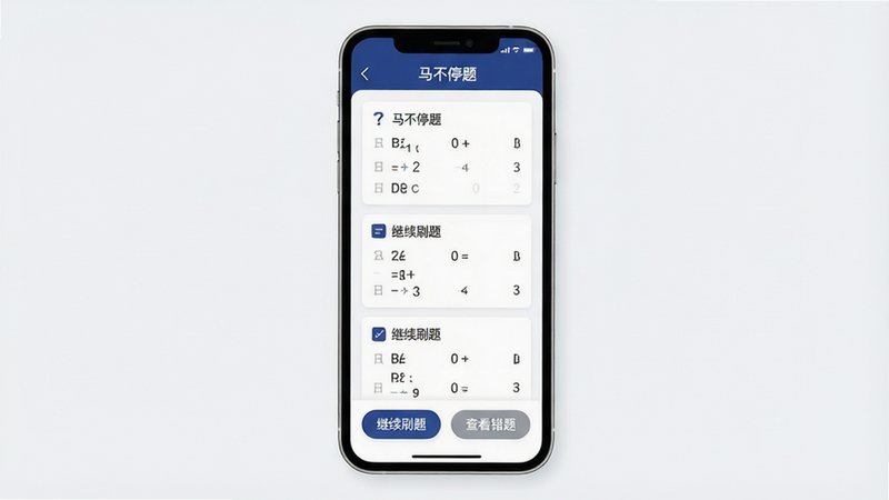 马不停题APP界面全景图,主体为手机屏幕显示着清爽的白色背景题库列表,顶部有深蓝色导航栏写着“马不停题”,中间区域展示着几道选择题卡片,底部有“继续刷题”和“查看错题”两个圆角按钮,整体布局简洁现代,采用扁平化设计风格,细节清晰,高分辨率,干净无多余元素