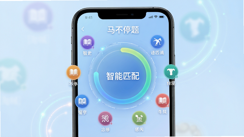 马不停题智能推荐界面,手机屏幕中央显示一个环形进度图,周围环绕着不同颜色的小图标代表不同科目,背景为柔和的浅蓝色渐变,文字标签“智能匹配”清晰可见,排版整齐,科技感十足,细节丰富,高清画质