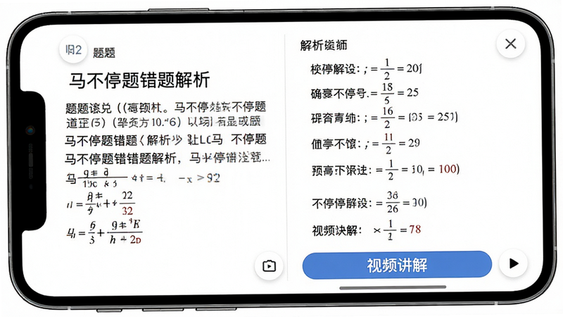 马不停题错题解析页面,手机屏幕显示一道数学题的解析过程,左侧是题目原文,右侧是步骤化的解题逻辑,底部有“视频讲解”按钮,背景为纯白,文字黑色清晰,排版左右分栏,细节严谨,高质量图像