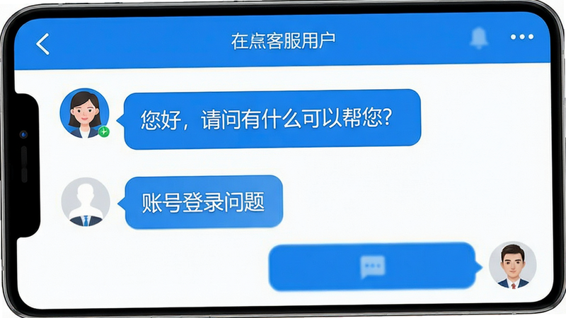 APP内在线客服聊天界面,主体为对话框布局,风格简洁蓝白,细节显示客服头像与用户消息气泡,文字包含“您好,请问有什么可以帮您?”、“账号登录问题”,画质高清,清晰可读