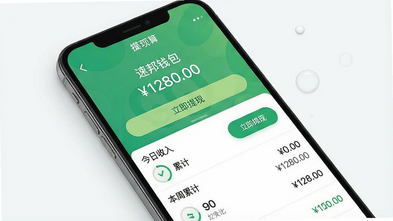 收益结算界面预览,主体为手机屏幕显示的钱包页面,布局上下结构,上方为余额大字显示,下方为收入明细列表,风格绿色清新,细节包含提现按钮、今日收入、本周累计,文字包含