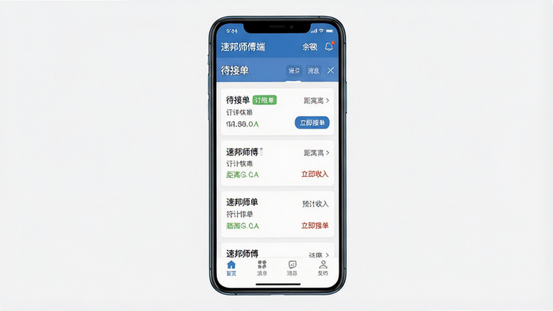 速邦师傅端安卓应用界面全景展示,主体为手机屏幕显示的订单列表页,布局清晰,顶部显示余额与消息图标,中部为待接单卡片列表,底部为导航栏,风格扁平化现代UI,细节包含订单状态标签、距离显示、预计收入,画质高清,干净无多余元素,文字包含
