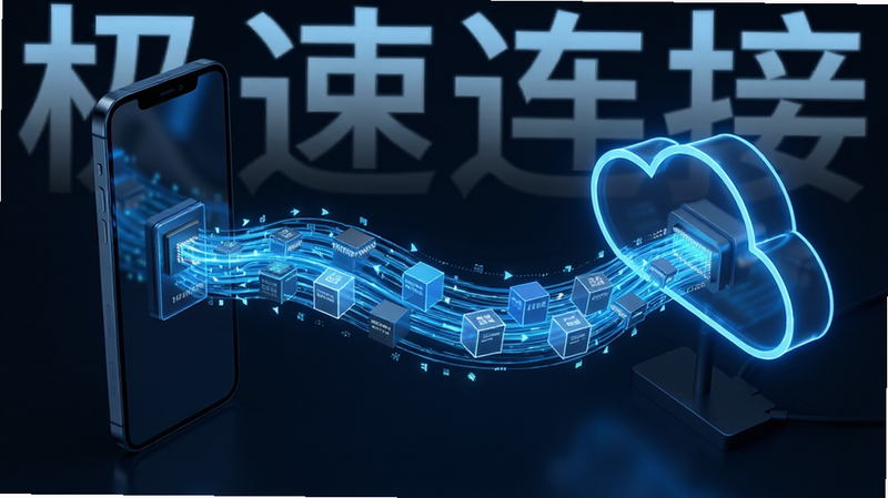主体是数据高速传输的视觉化表现,蓝色光流在手机与云端之间穿梭,布局左右对称,排版紧凑,风格为赛博朋克微光效,细节展示数据包流动轨迹,画质4K,干净,无多余元素,文字‘极速连接’隐约可见