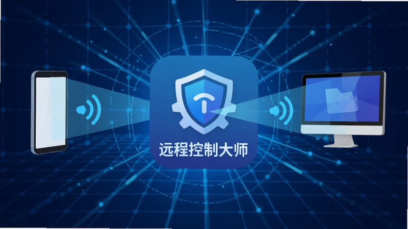 主体为‘远程控制大师’App图标悬浮在中央,背景是抽象的科技蓝色网格与连接光束,布局呈中心辐射状,排版简洁现代,风格为扁平化科技风,细节包含手机与电脑屏幕互相投射的光效,画质高清,干净,无多余元素,文字‘远程控制大师’清晰可见