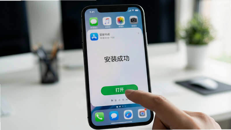 主体是手机屏幕显示安装完成界面,手指点击‘打开’按钮,背景为柔和的办公环境,布局聚焦于屏幕,排版简洁,风格为生活化实拍风,细节展示应用图标与桌面背景,画质清晰,干净,无多余元素,文字‘安装成功’清晰可见
