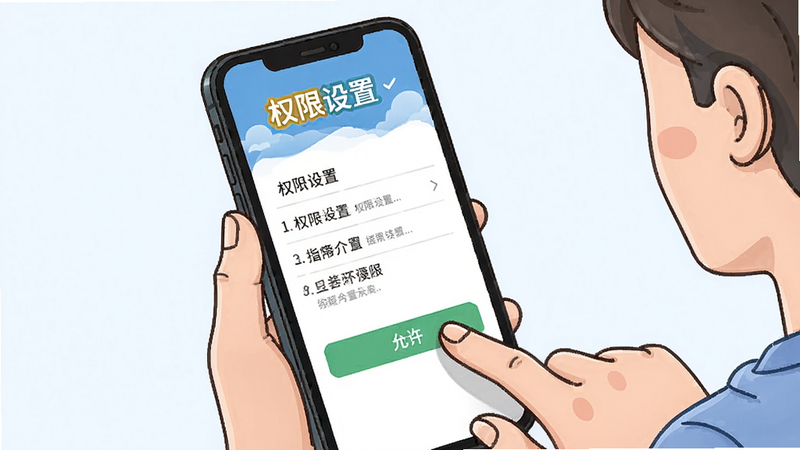 主体是一位用户正在按照指南操作手机,屏幕上显示权限设置界面,布局清晰直观,排版步骤化,风格为教程插画风,细节展示手指点击“允许”按钮的动作,画质清晰,干净,无多余元素,文字‘权限设置’高亮显示