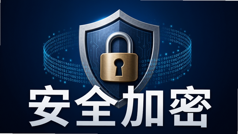 主体是一个由锁和盾牌组成的安全符号,背景为深蓝色渐变,布局居中突出,排版稳重,风格为专业安全科技风,细节包含加密代码流在盾牌周围环绕,画质高保真,干净,无多余元素,文字‘安全加密’醒目显示