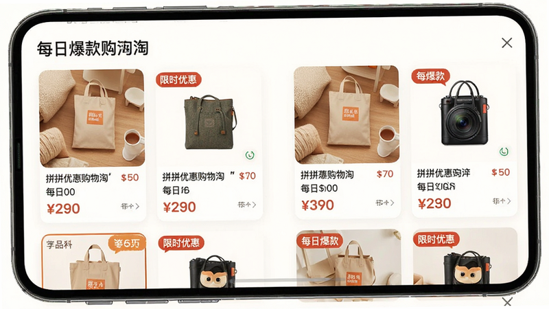 一张手机应用内的商品推荐列表图,主体为拼拼优惠购物淘的“每日爆款”板块,布局为双列卡片式设计,排版整齐,风格为温馨生活化,细节展示商品图片和价格标签,画质高清,干净无多余元素,文字加引号