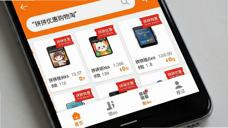 一张高清的安卓手机屏幕展示图,主体为拼拼优惠购物淘App界面,布局清晰,顶部显示搜索栏,中间展示多个带有红色优惠券标签的商品卡片,底部有四个主要功能图标,整体风格为现代扁平化设计,色调以白色和橙色为主,细节丰富,画质高清,干净无多余元素,文字加引号