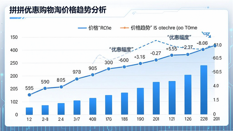 一张数据可视化图表展示图,主体为拼拼优惠购物淘的价格趋势分析模块,布局包含折线图和柱状图,排版紧凑专业,风格为科技感蓝白配色,细节显示价格节点和优惠幅度,画质清晰,干净无多余元素,文字加引号