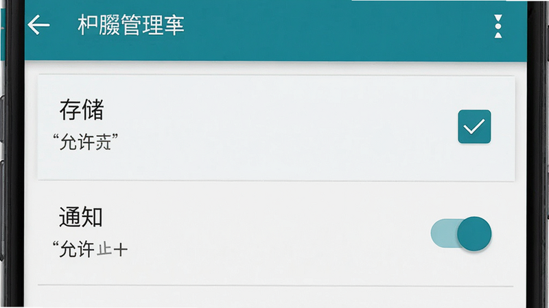 一张手机设置界面的示意图,主体为安卓系统的权限管理页面,布局清晰,高亮显示“存储”和“通知”权限开关,排版简洁,风格为系统原生UI风格,细节显示勾选状态,画质清晰,干净无多余元素,文字加引号