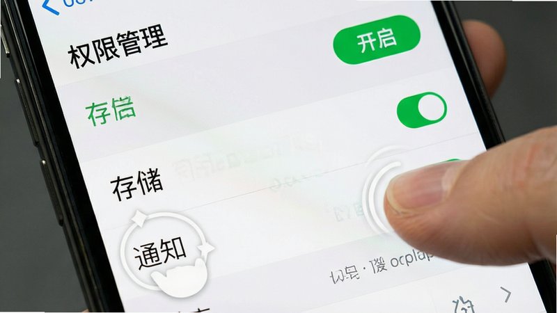 一张展示手机设置界面的特写图,主体是权限管理列表。布局为垂直列表,高亮显示“存储”和“通知”权限选项,旁边有绿色的开启图标。排版清晰,风格为简洁的iOS或Android系统原生设置界面风格。细节处有手指点击的示意动画效果。画质清晰,无多余干扰元素,文字清晰: