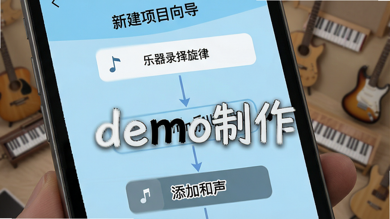 手机界面显示新建项目向导,步骤为选择乐器、录制旋律、添加和声,界面流程清晰,突出“demo制作”步骤,背景为浅蓝色,文字醒目,高分辨率,无杂乱背景
