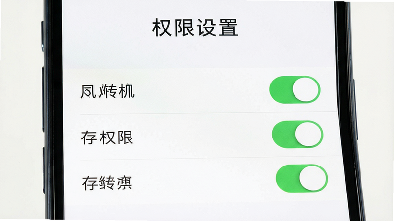 手机屏幕显示权限设置界面,列表中麦克风、存储权限开关均为开启状态,界面简洁,突出“权限设置”文字,背景为白色,文字清晰,高分辨率,无多余元素