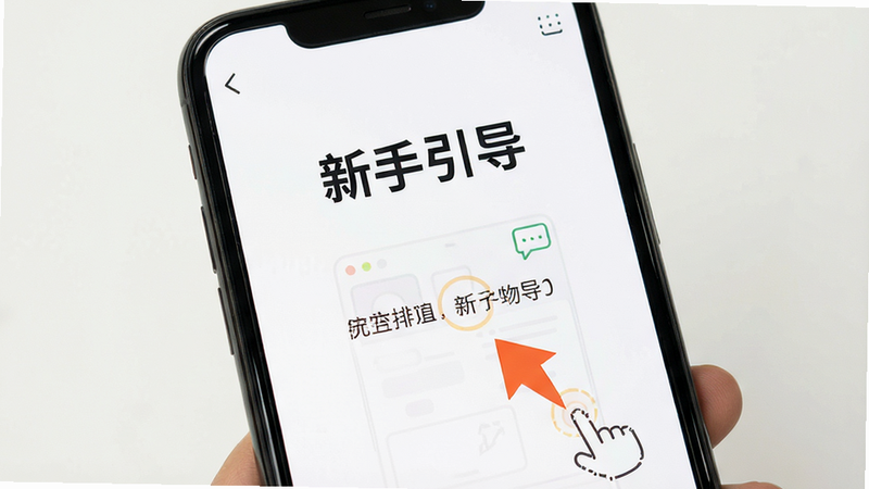 手机界面显示新手引导页面,屏幕上有箭头指示点击位置,文字说明简洁明了,突出“新手引导”功能,背景为白色,界面友好,高分辨率,无多余装饰