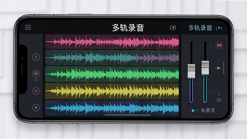 手机界面展示多轨录音功能,画面中显示多条彩色音频波形条并行排列,右侧有虚拟推子控制器,界面布局整齐,色彩鲜明,突出“多轨录音”字样,风格现代科技感,高分辨率,无杂乱背景